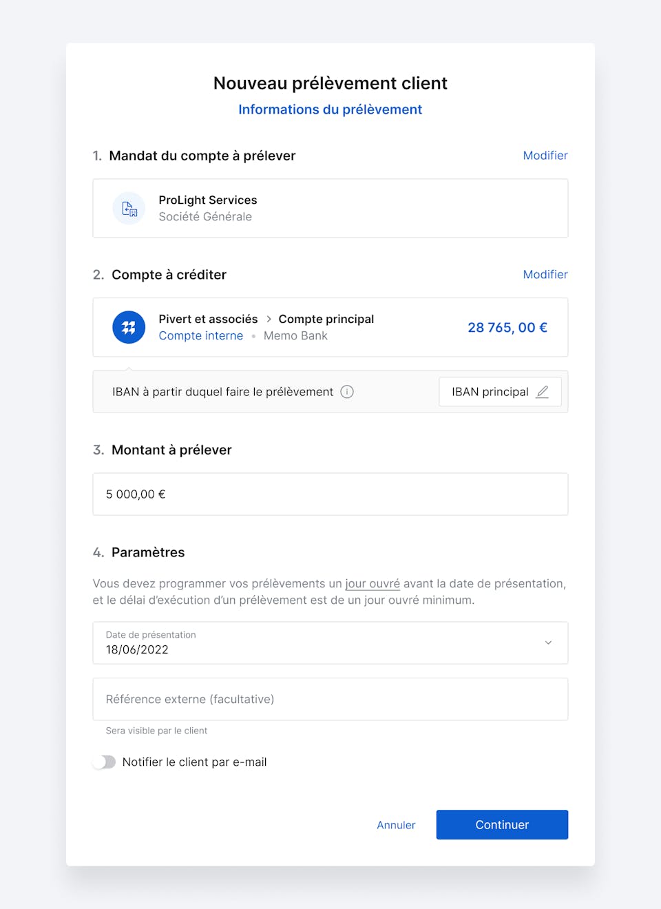 Interface de création des encaissement par prélèvement.